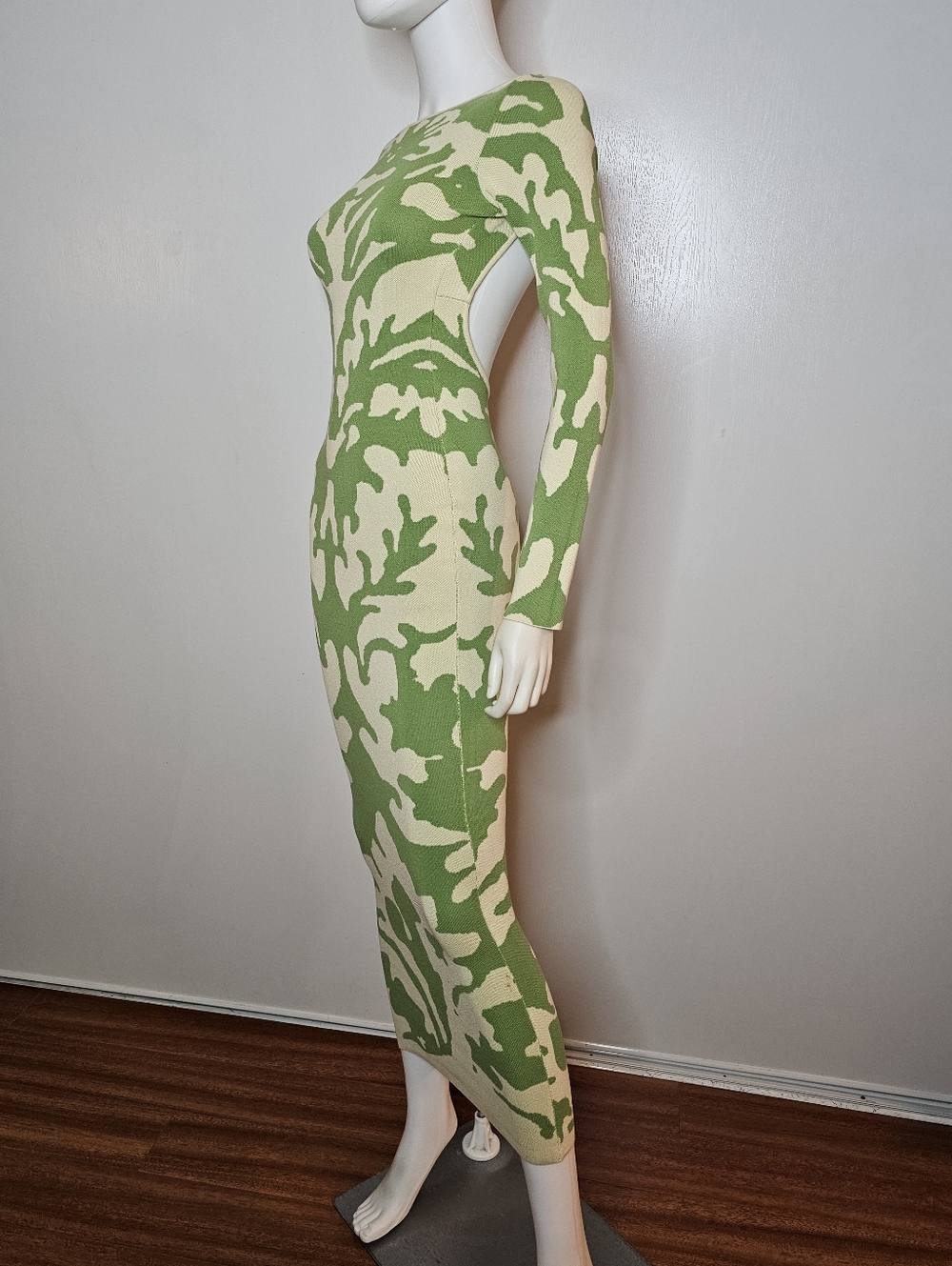 NWOT Hera Collection Green & Cream Cutout Back Long Sleeve Bodycon Dress Size S